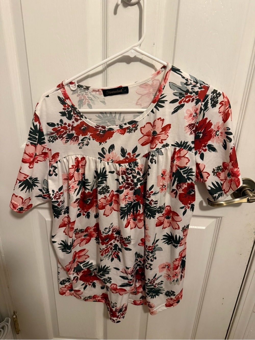 Staccato White Floral Short Sleeve Blouse with Red Bloom Print